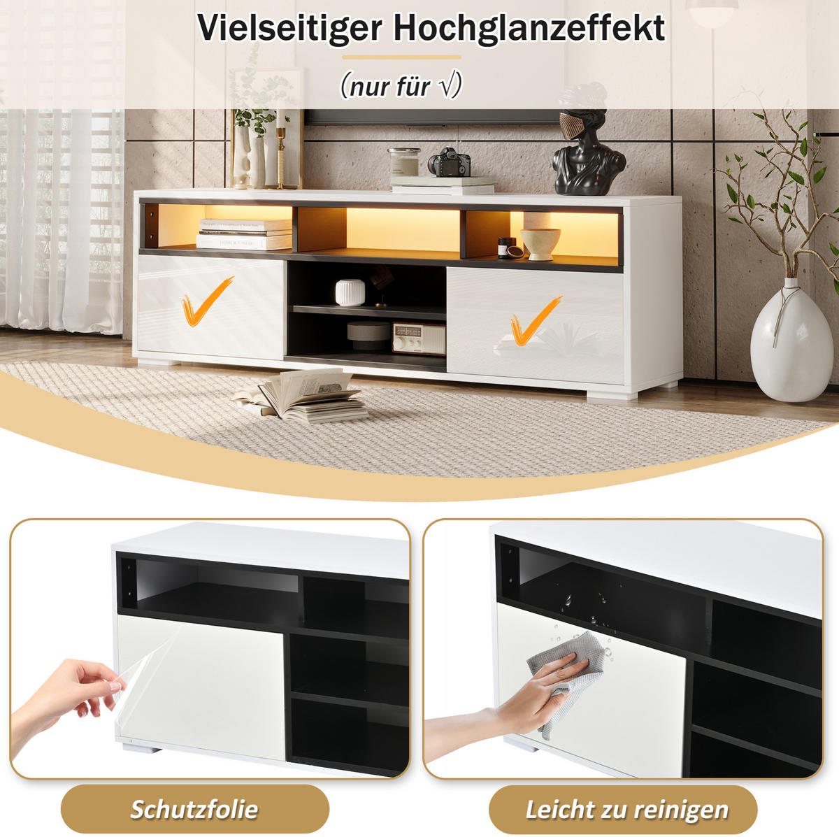 TV-LOWBOARD 150/35/50 cm weiß aus Spanplatte mit LED und Stauraum - Weiß, Holzwerkstoff (150/50/35cm) - OKWISH