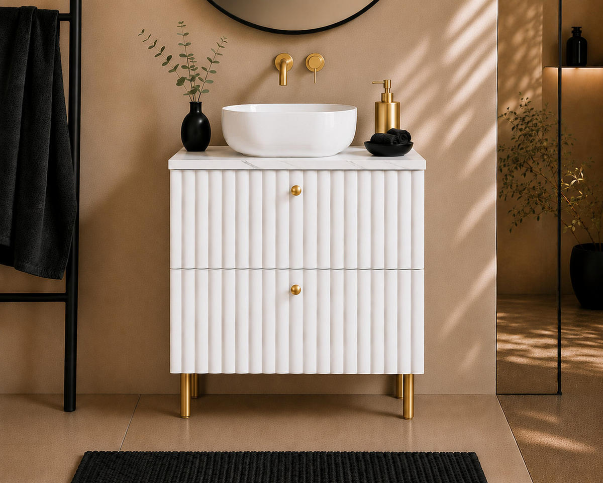 BADEZIMMERSCHRANK: Weiß / Platte Marmor Bianco / Griffe Gold / Beine Gold, 60 x 44,4 x 73,6 cm - Goldfarben/Weiß, Holzwerkstoff (60/73.6/44.4cm) - 3XE LIVING