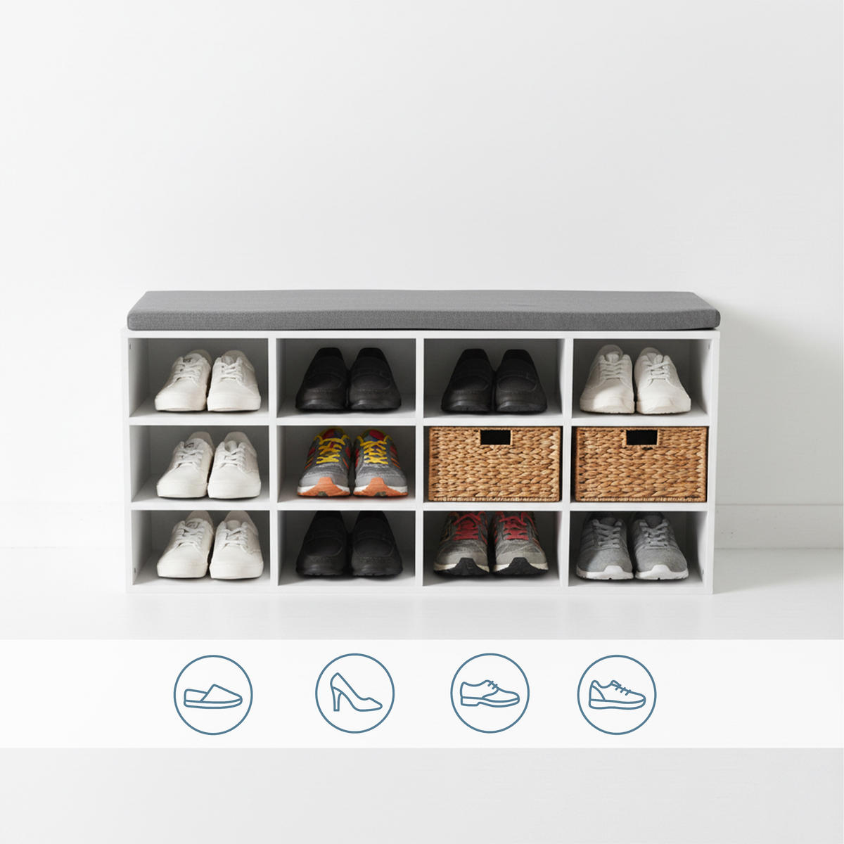 SCHUHBANK - Weiß, Holzwerkstoff/Textil (104/48/30.5cm) - Relaxdays