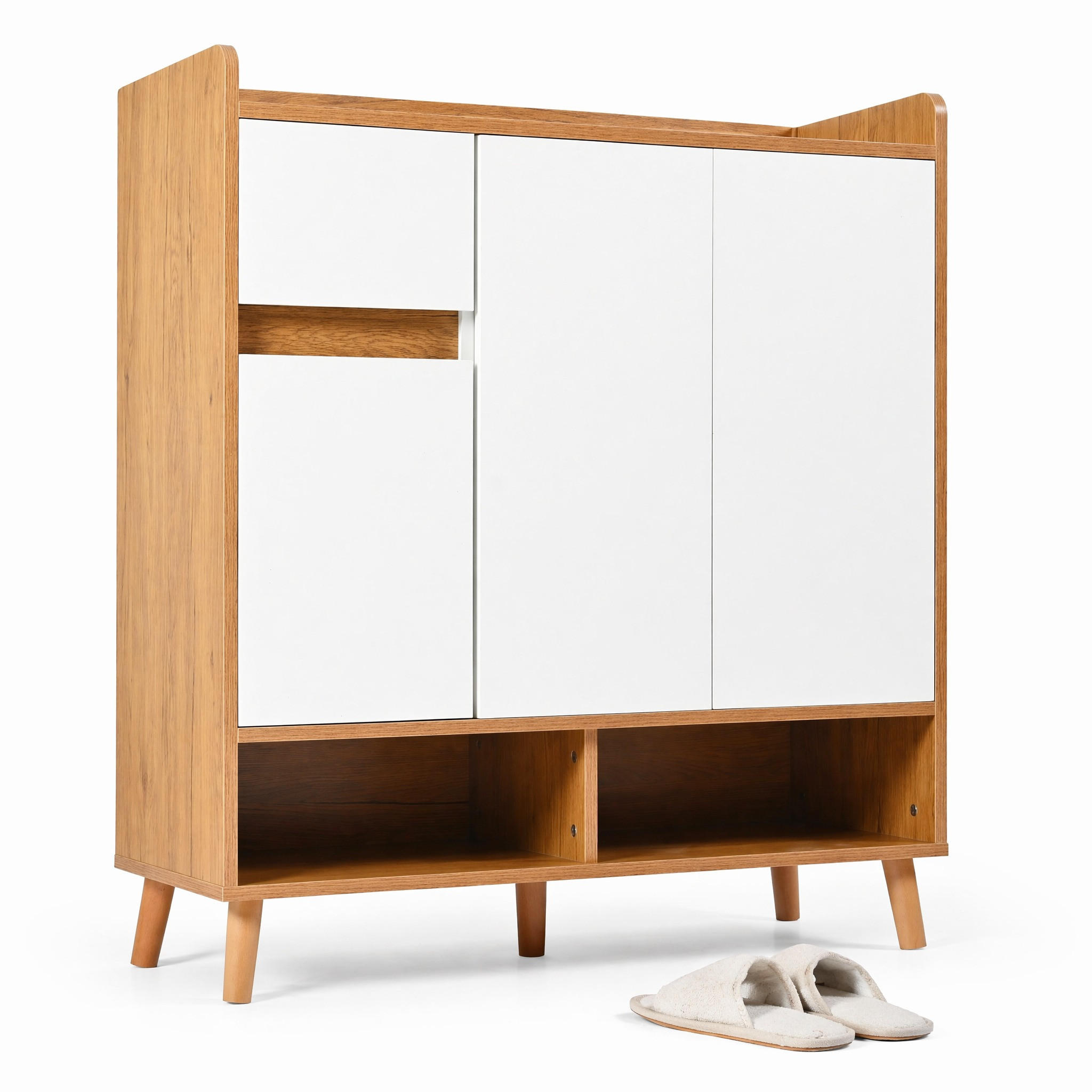 SCHUHSCHRANK in Weiß|Naturfarben Sideboard mit verstellbaren Einlegeböden & Massivholzbeinen, B90/T35/H99cm - Weiß/Naturfarben, Holzwerkstoff/Metall (90/99/35cm) - STILVORA