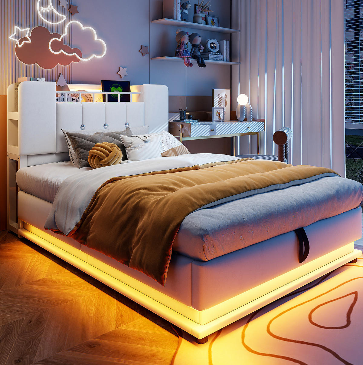 DETSKÁ čalúnená posteľ z MDF a kovu 90x200 cm béžová s LED osvetlením, USB portom a hydraulickým úložným priestorom - béžová, textil (90/200cm) - Modfu