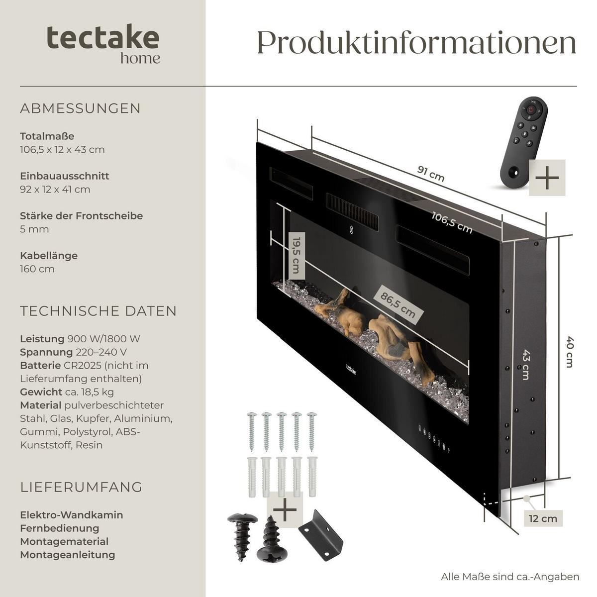 ELEKTRO-WANDKAMIN Luci, mit Fernbedienung und App-Steuerung, integriertes Thermostat, schwarz - Schwarz, Metall (106.5/43/12cm) - tectake