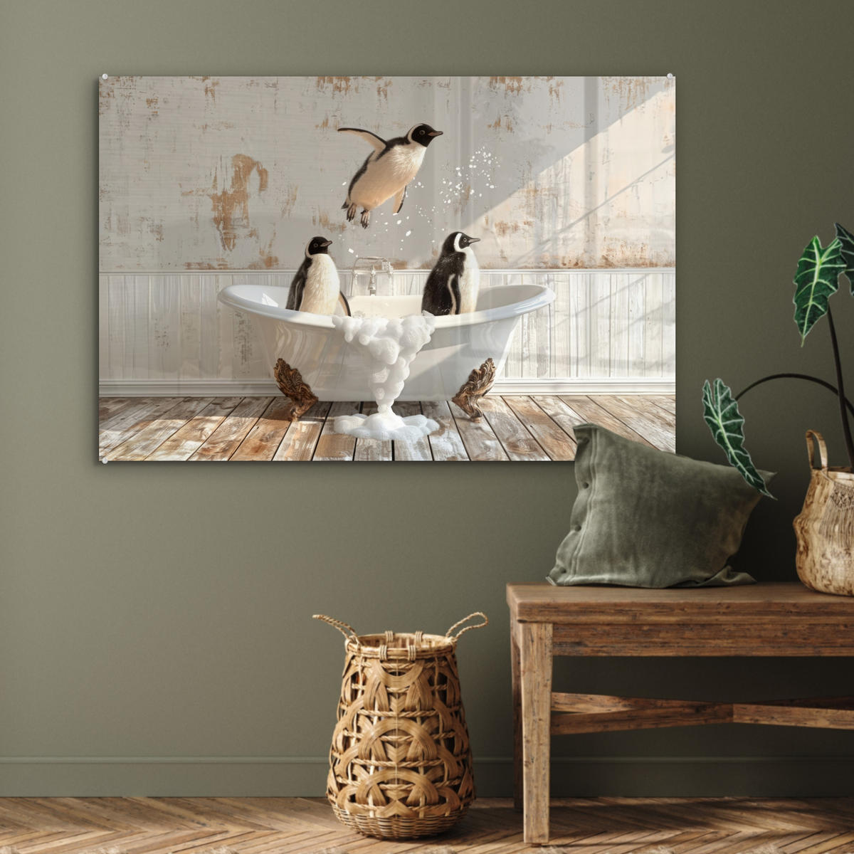 ACRYLGLASBILD Vintage - Pinguin - Badewanne - Schaumstoff 90x60 cm - Schwarz, Glas (90/60cm) - MuchoWow