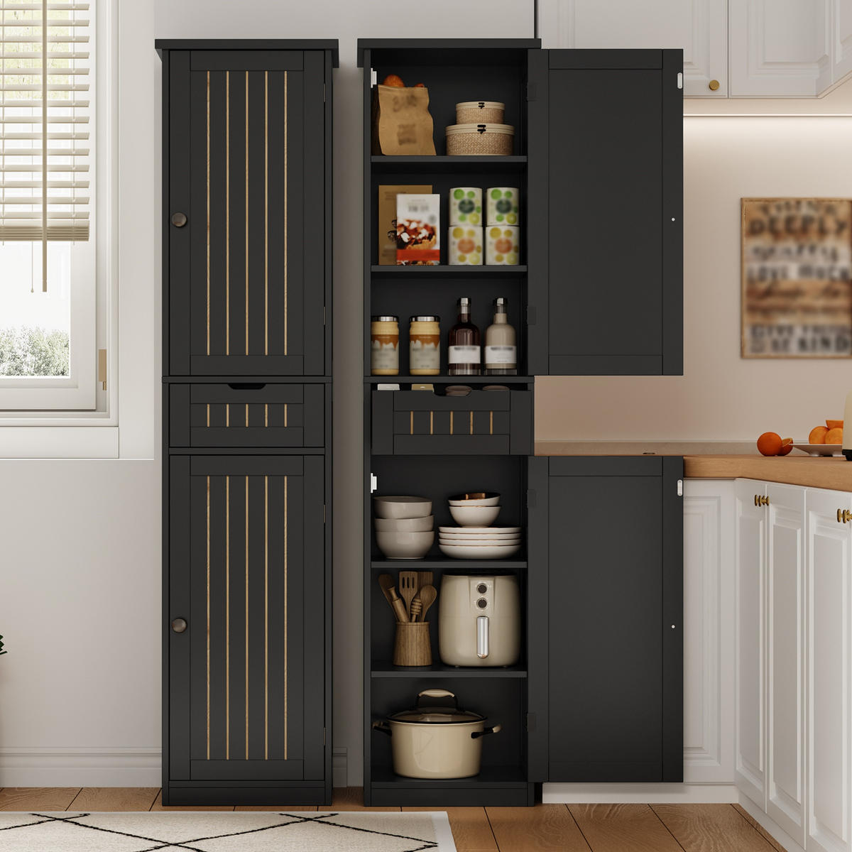 GESCHIRRSCHRANK 170 cm MDF Schwarz mit 2 Türen und verstellbaren Böden - Schwarz, Holzwerkstoff (30/170/40cm) - Korfee