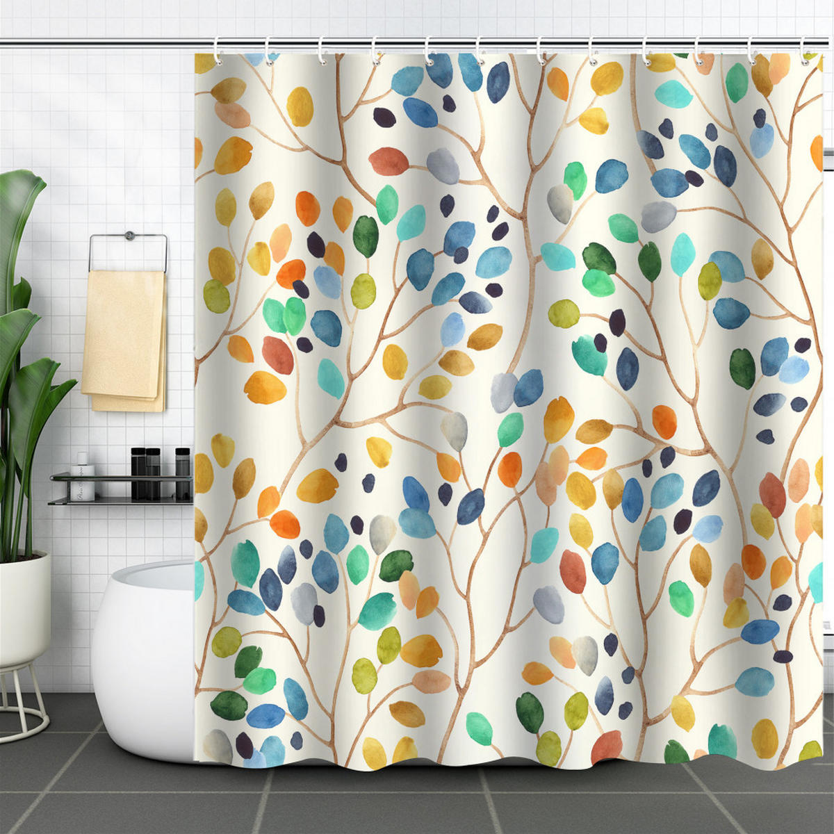 DUSCHVORHANG Beige botanisch bunt Muster schimmelresistent maschinenwaschbar - Gelb, Textil (180/90cm) - MCBOSON