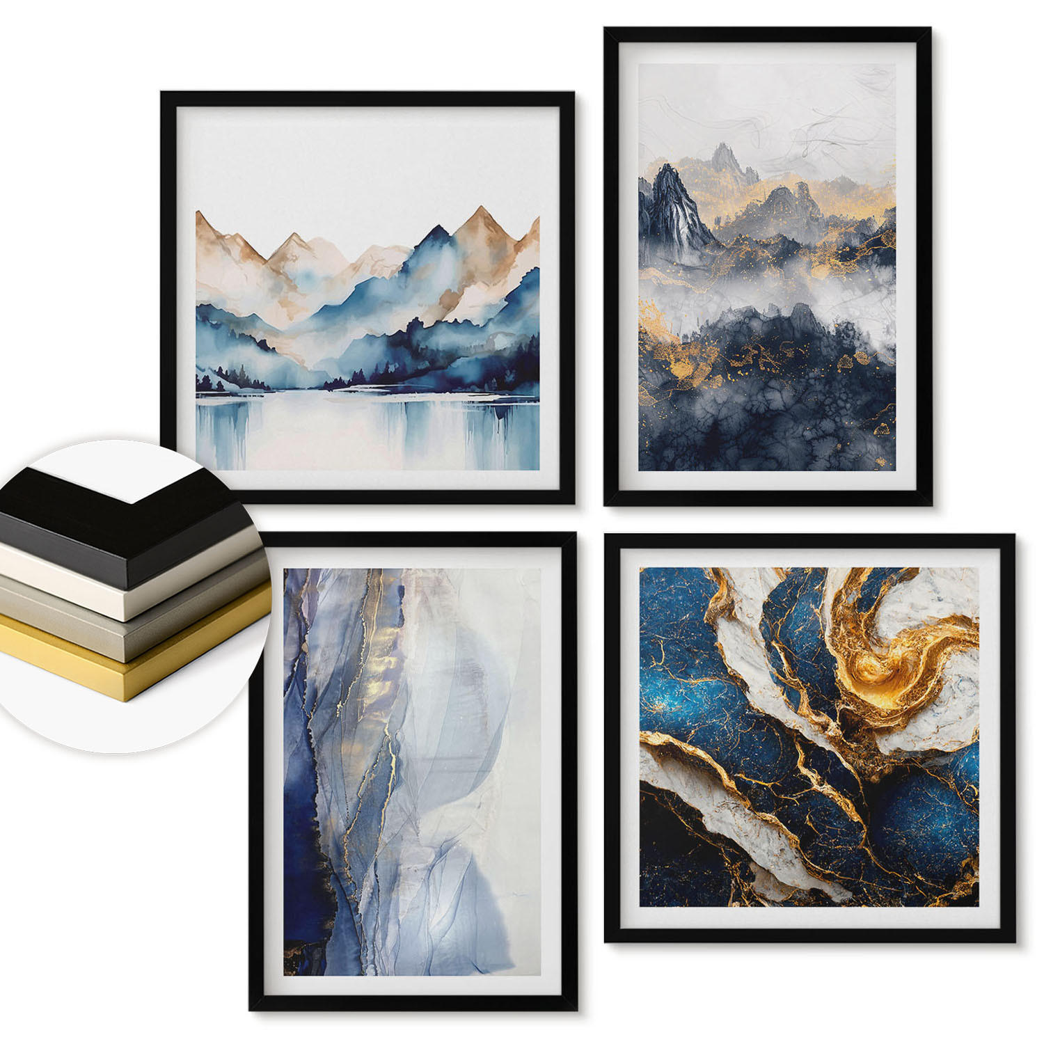 WANDBILDER 4er-Set - 50x50 cm & 40x60 cm Schwarzer Rahmen - Blaue Berglandschaften - Schwarz, Kunststoff (50/50cm) - ArtPrintCave