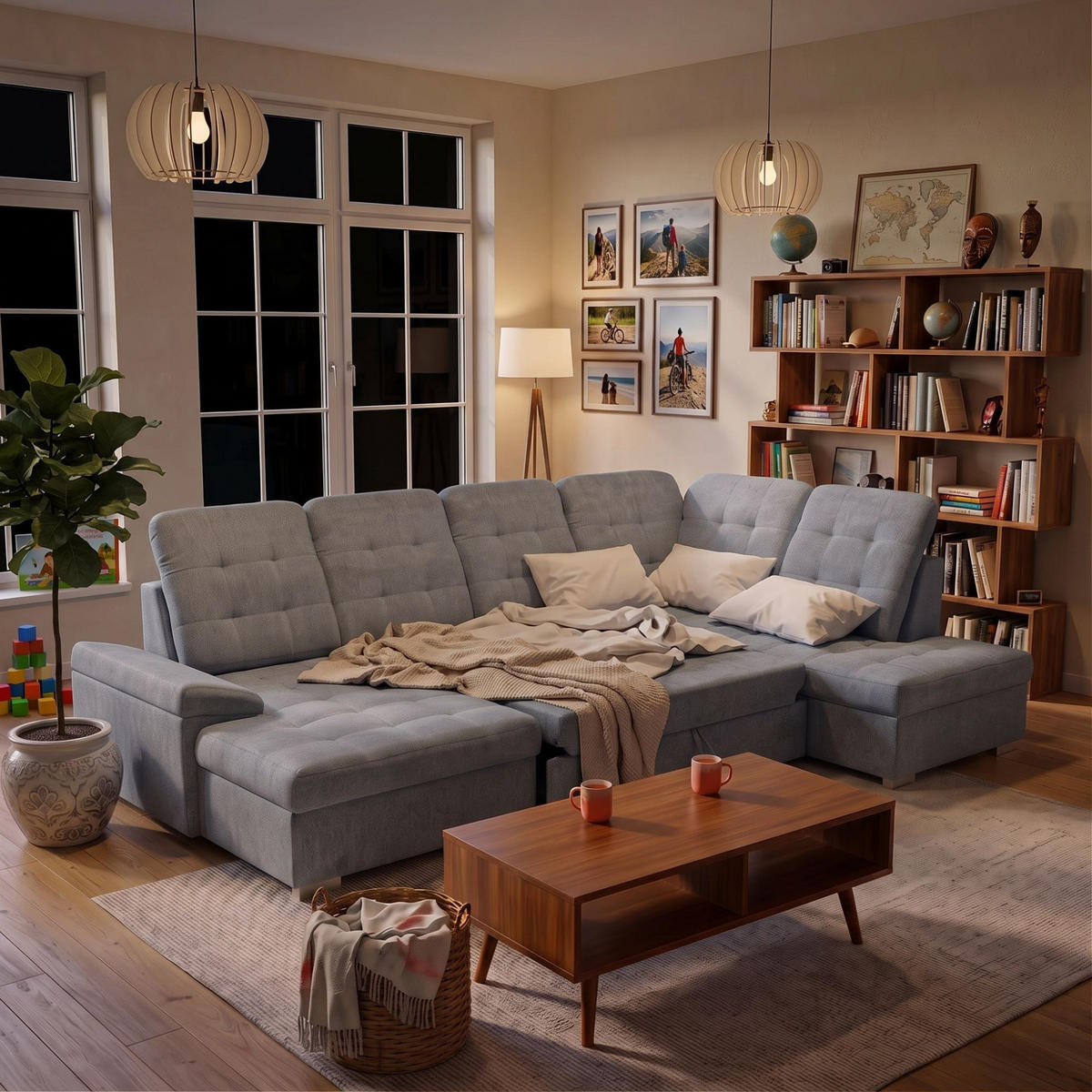 ECKSOFA U-Form OLIVIA U Rechts mit Schlaffunktion 124x257 Velours Grau - Silberfarben/Grau, Holz/Kunststoff (202/103/320cm) - Muffo