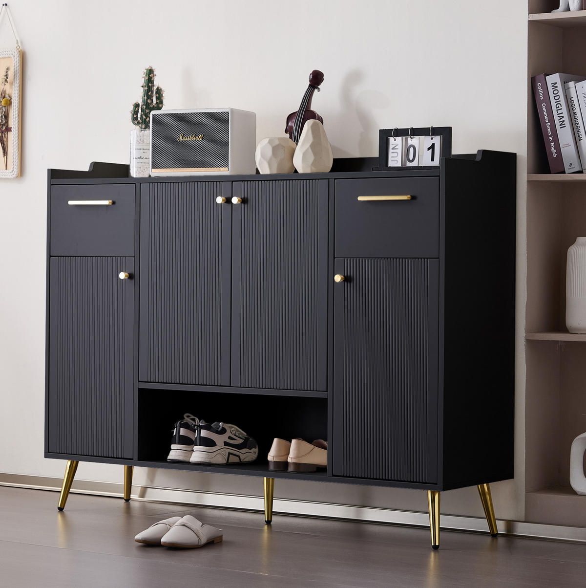 SCHUHSCHRANK mit 2 Schubladen und 4 Türen 130 x 37 x 100 cm Schwarz - Schwarz, Holzwerkstoff (37/100/130cm) - Beauniv