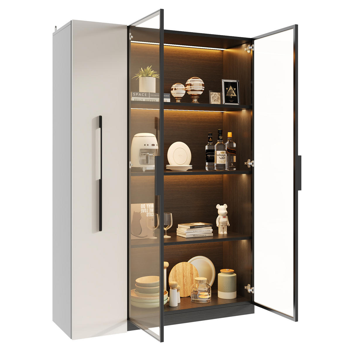 VITRINE 110cm Weiß Schwarz Glas LED Rollschrank modern - Schwarz, Holzwerkstoff (110/160/35cm) - FLIEKS