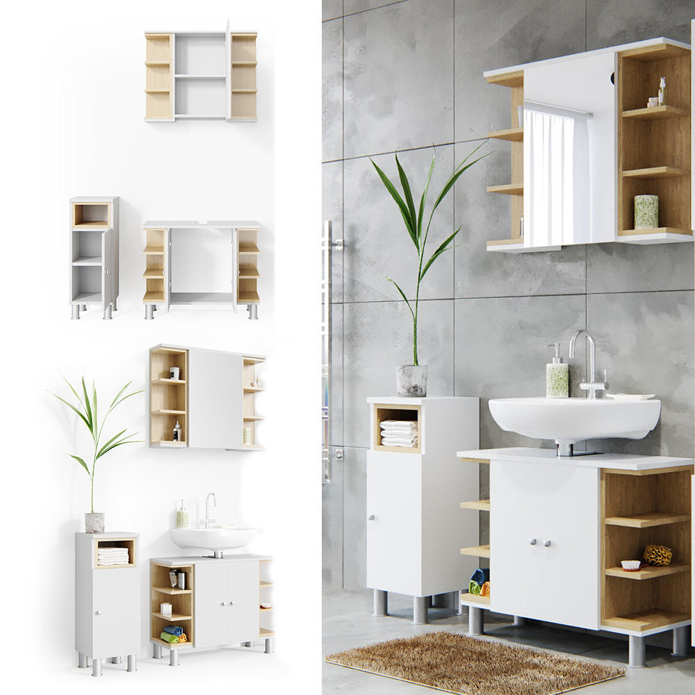BADMÖBEL-SET Aquis Weiß 3 Teile - Weiß/Sonoma Eiche, Holzwerkstoff (79.6/64/32cm) - Vicco