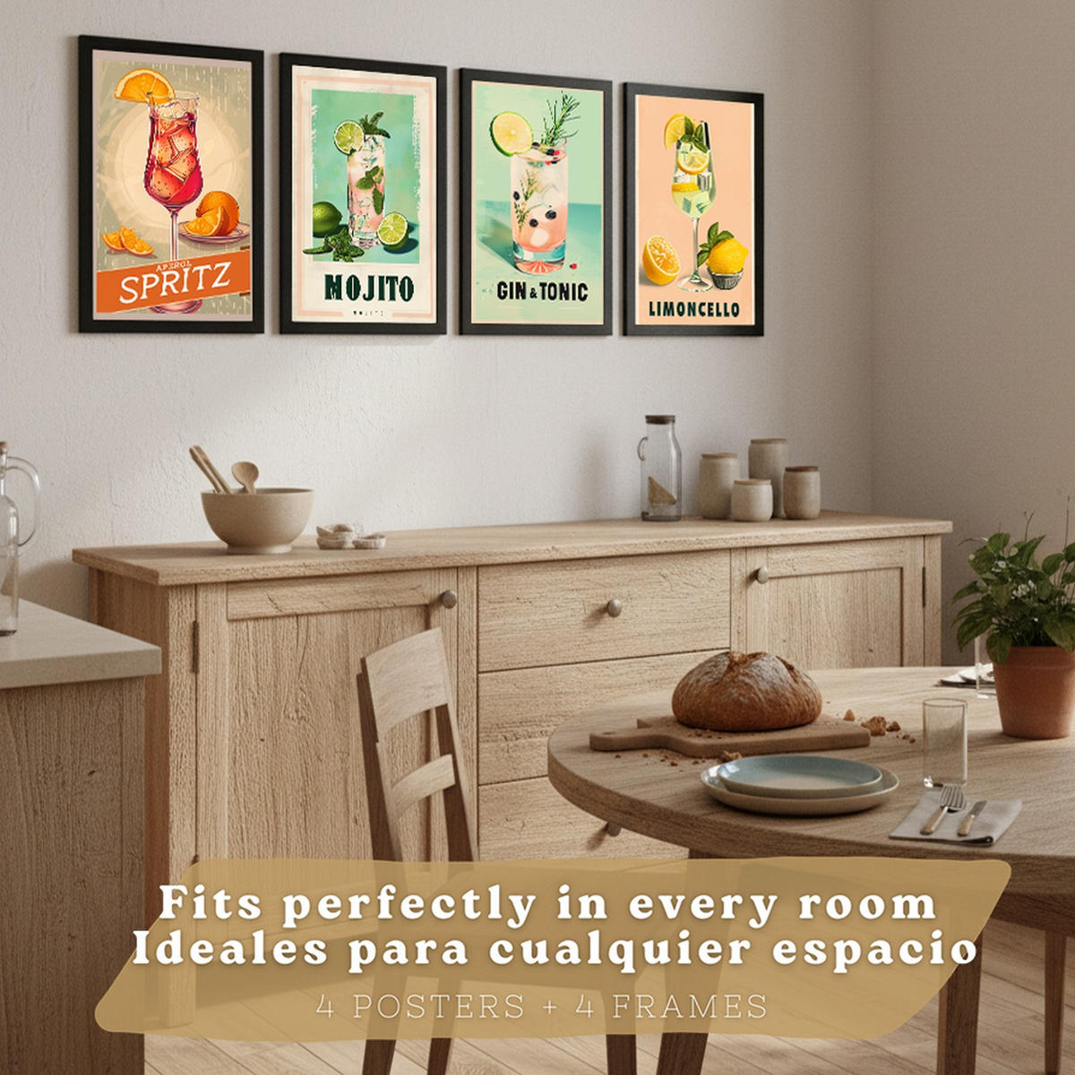 PLAKAT Sada 4 Koktejlový nápoj A3 Černý rám - černá, papír (29.7/1/42cm) - Nacnic