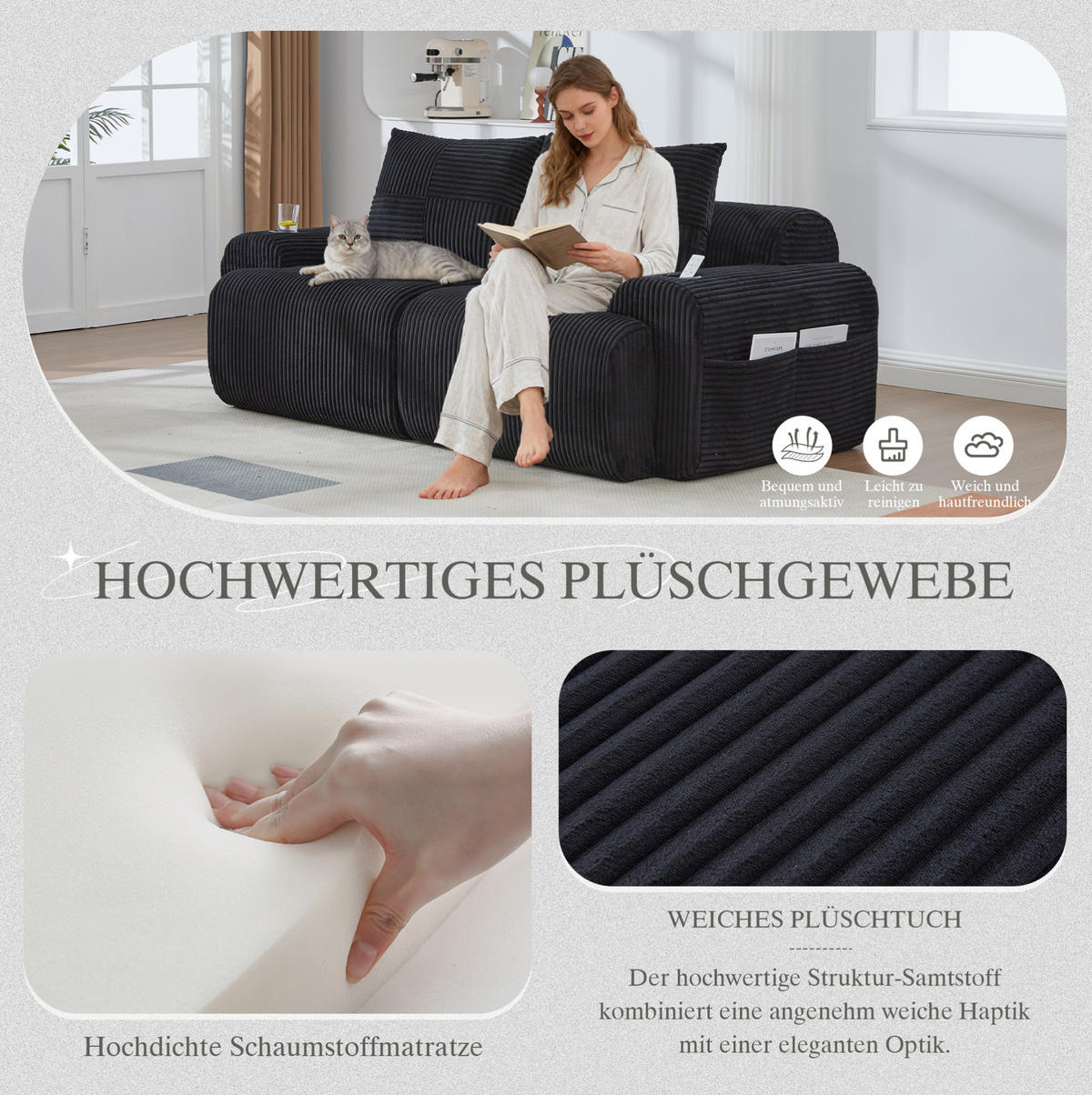 2-SITZER Cordsofa modular mit Getränkehalter und Seitentasche 200/99/80 cm Schwarz - Schwarz, Textil (99/80/200cm) - Redom