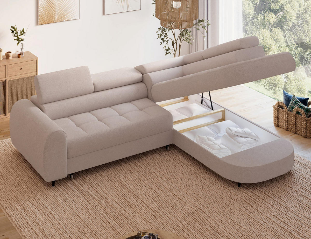 ECKSOFA Vesteria mit Schlaffunktion und Bettkasten – Modernes Design, verstellbare Kopfstützen und hoher Sitzkomfort - Hellbraun, Kunststoff (279/72cm) - Wohnideebilder