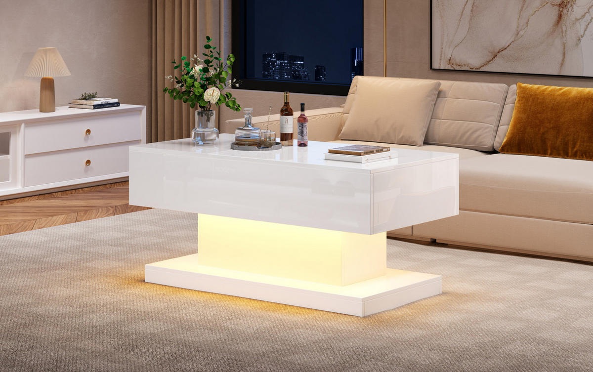KOMMODE/COUCHTISCH, Hochglanz Weiß, hydraulischer Lift, seitlich verschiebbares Tischblatt, integrierte LED, 100/50/45 cm,Weiß - Weiß, Holzwerkstoff (100/50/45cm) - Redom
