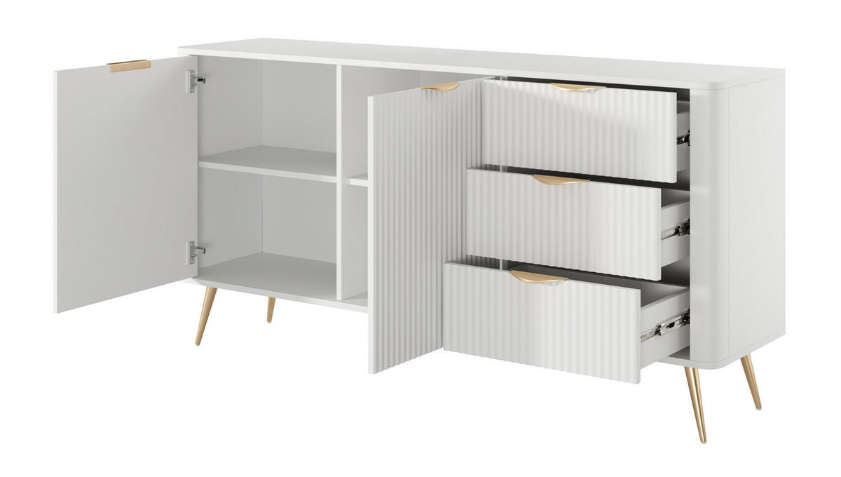KOMMODE 2 Türen Brando 163 cm, 3 Schubladen, Weiß - Goldfarben/Weiß, Holz/Metall (163/81/38cm) - Emporius