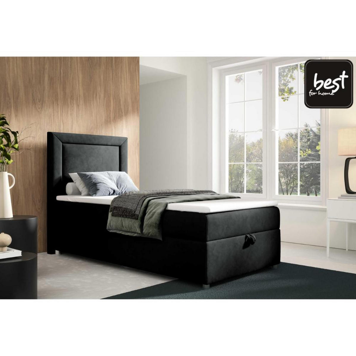 BOXBETT mit Bettkasten Trinity K3-SINGLE Bonellfederkern inkl. Topper - Schwarz, Holz/Holzwerkstoff (80/200cm) - Best For Home