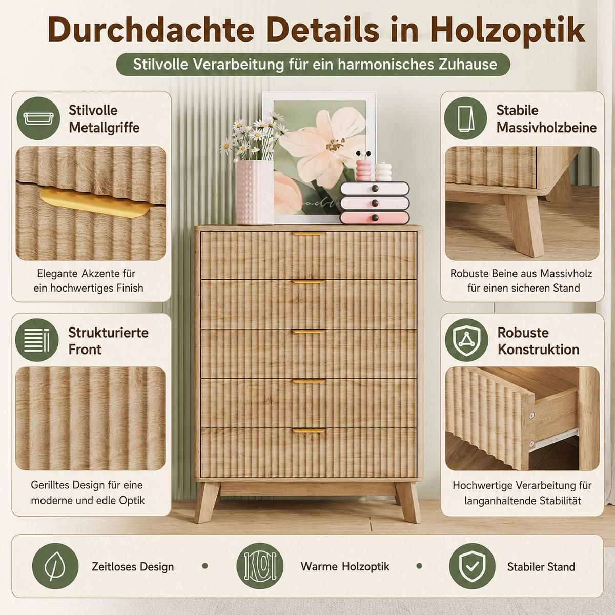 KOMMODE mit vertikaler Rillenfront, 5 Schubladen Stauraum, Eiche hell, 40/73/108cm - Eichefarben, Holz (73/108/40cm) - Joyfair