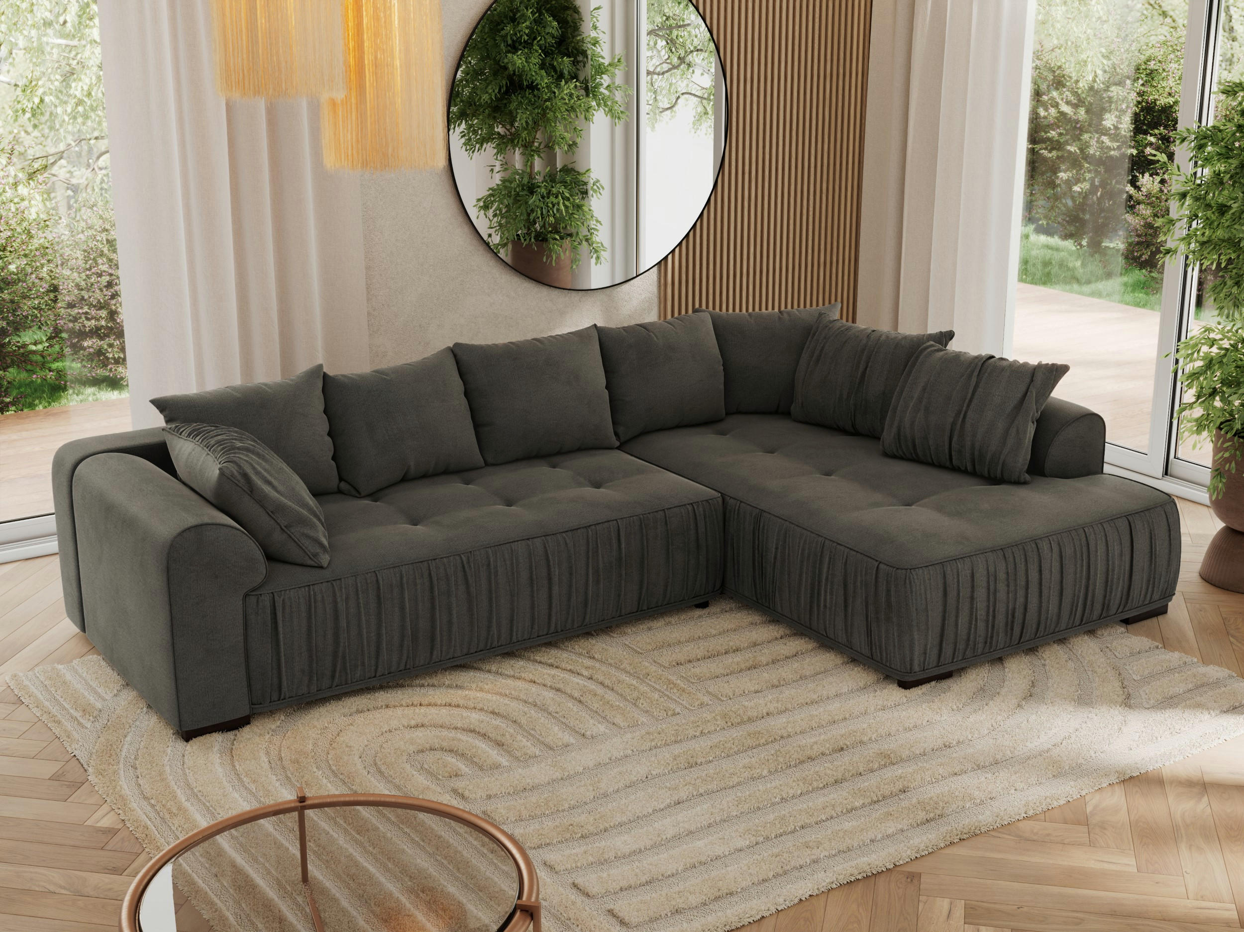 ECKSOFA ORTA Dunkelgrau Velvet - Rechts - Dunkelgrau/Schwarz, Textil (200/325cm) - MKS