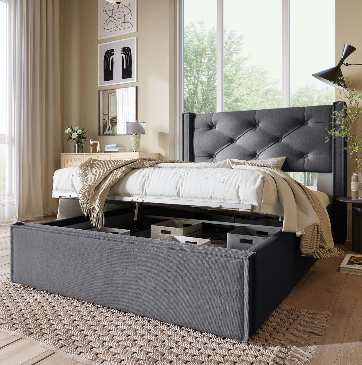 POLSTERBETT 90/200 cm Grau aus Baumwolle mit Stauraum und hochklappbarem Lattenrost - Grau, Textil (90/200cm) - OKWISH