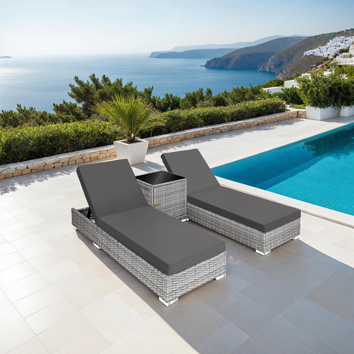 RATTAN-SONNENLIEGEN 2er Set ,wetterfest und UV-beständig,hellgrau - Hellgrau, Kunststoff (60/21/184cm) - tectake