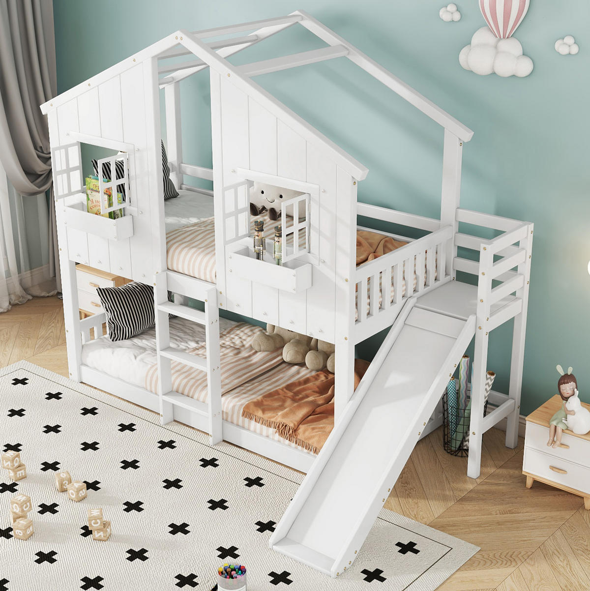 ETAGENBETT 90/200 cm mit Rutsche, Dach, Fenstern und Fallschutz, Kiefer/MDF, Weiß/Natur - Weiß, Holz (90/200cm) - Redom