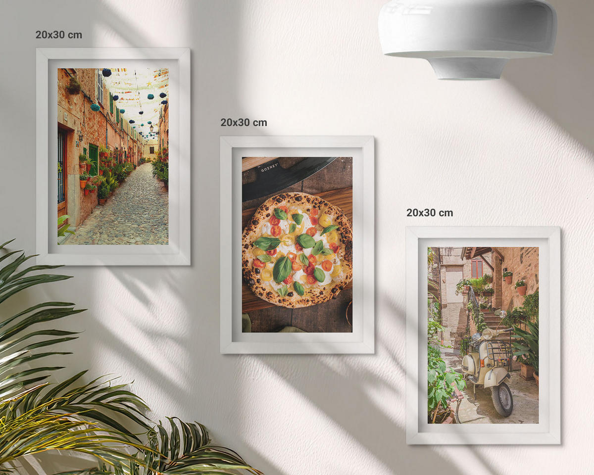 BILDER SET 3er Set - 20x30 cm Weißer Rahmen - Charmante Straßen mit Pizza - Weiß, Kunststoff (20/30cm) - TULUP