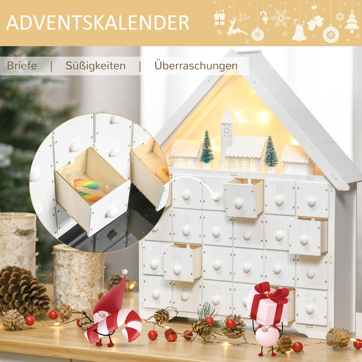 ADVENTSKALENDER zum Befüllen, mit LED-Lichtern, 2-in-1-Design - Weiß, Holz (9/42/39cm) - HOMCOM