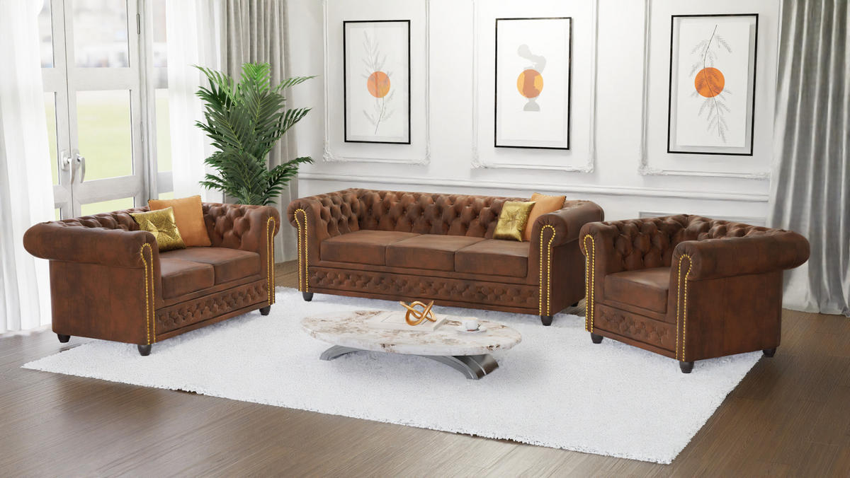 SITZGARNITUR 3+2+1 Chesterfield Flux Braun Microfaser Vintageoptik - Braun, Holz/Textil (203/72/86cm) - S-Style Möbel