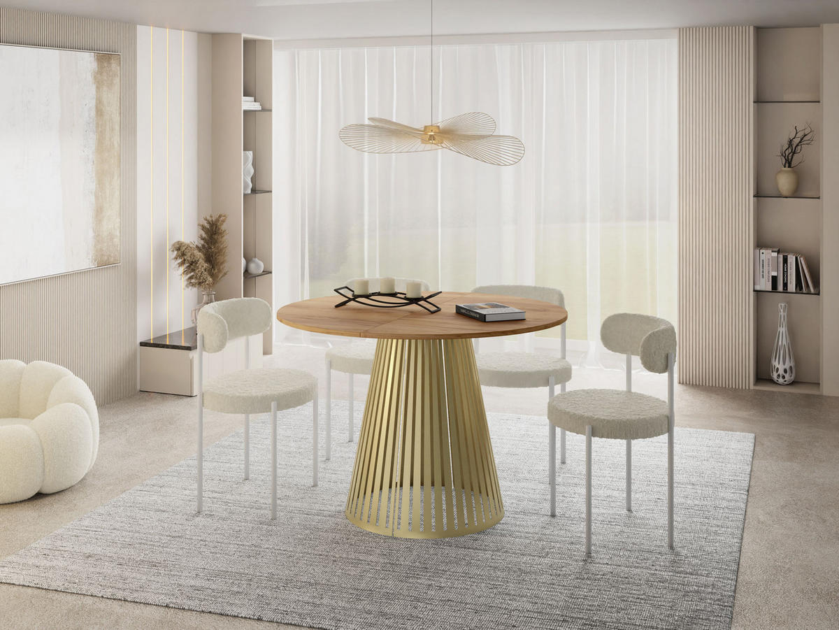 ESSTISCH Naro rund ausziehbar mit Goldenem Lamellen-Metallgestell, Braun 120-200/120/76 cm - Eiche Wotan/Goldfarben, Holzwerkstoff/Metall (120/120/76cm) - WFL GROUP