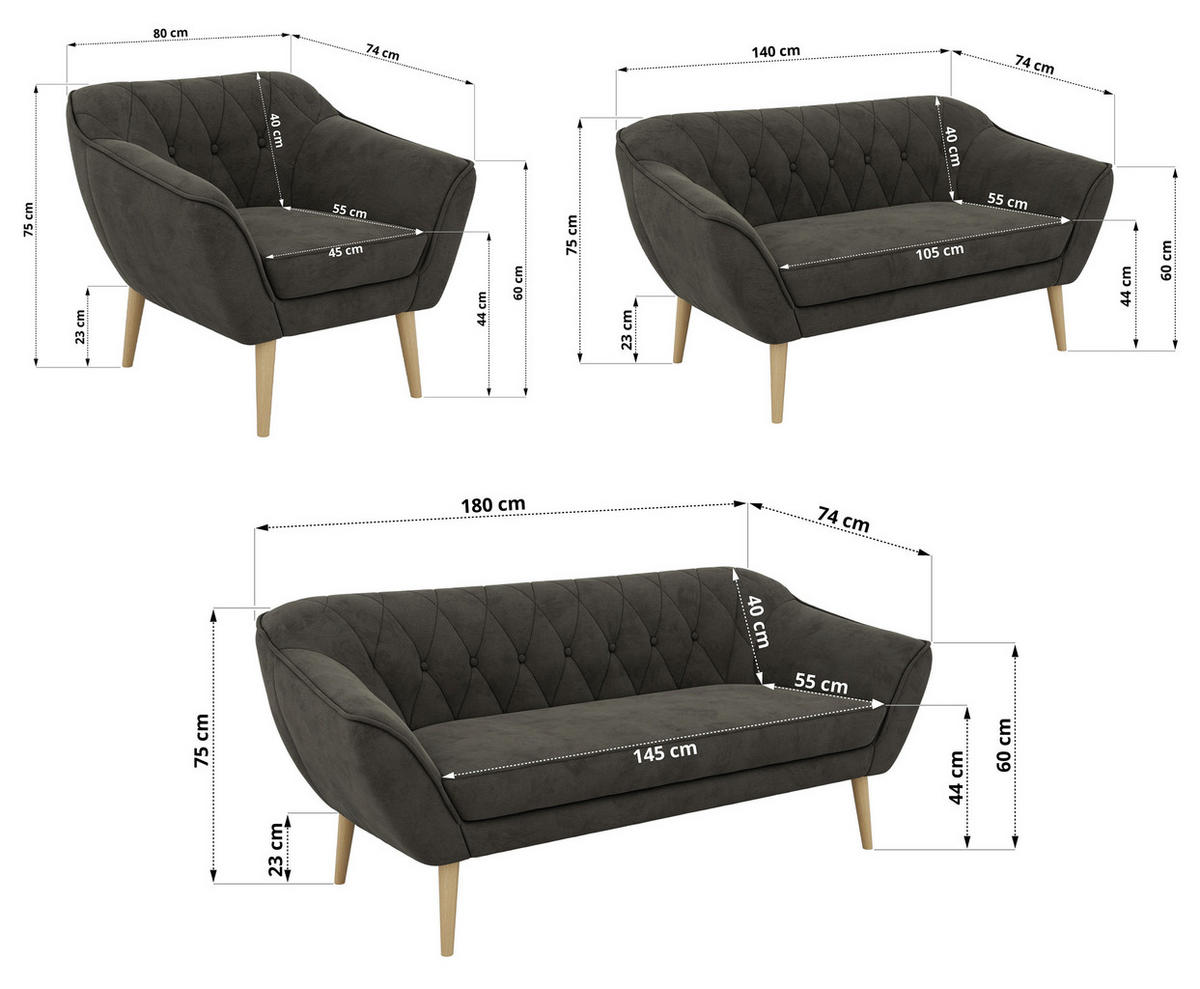 SITZGARNITUR PIRS 3+2+1 - Dunkelgrau Velvet - Holzbeine - Dunkelgrau/Buchefarben, Holzwerkstoff/Textil (180/75/74cm) - MKS