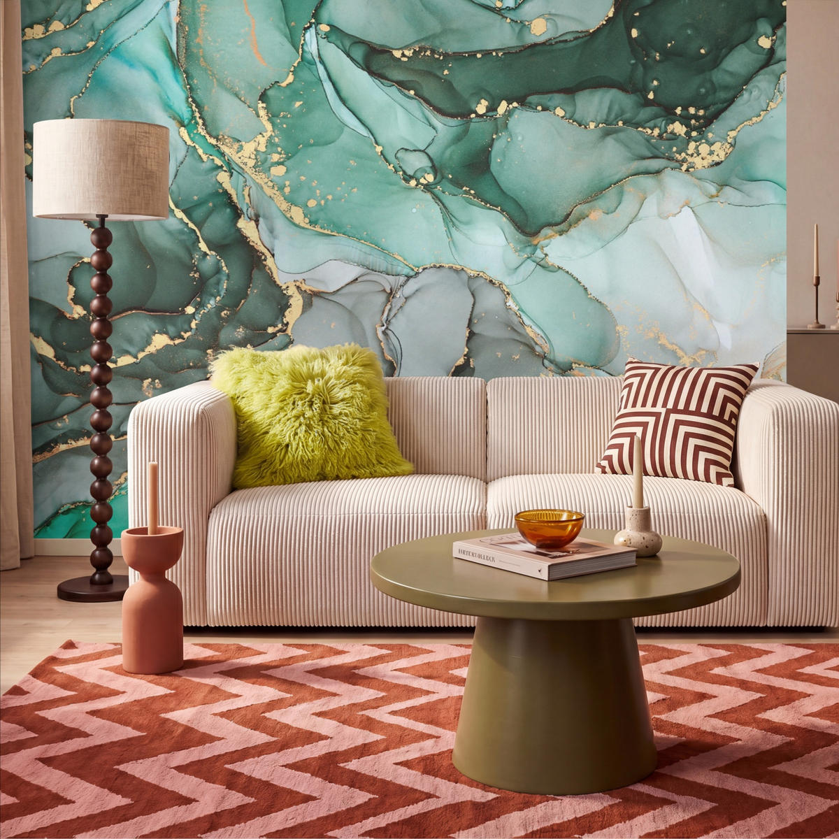 TAPETE - Gold - Marmor - Grün - Luxus - Marmoroptik - Grau - 350x220 cm - Grün, Papier (350/220cm) - OnlyWow
