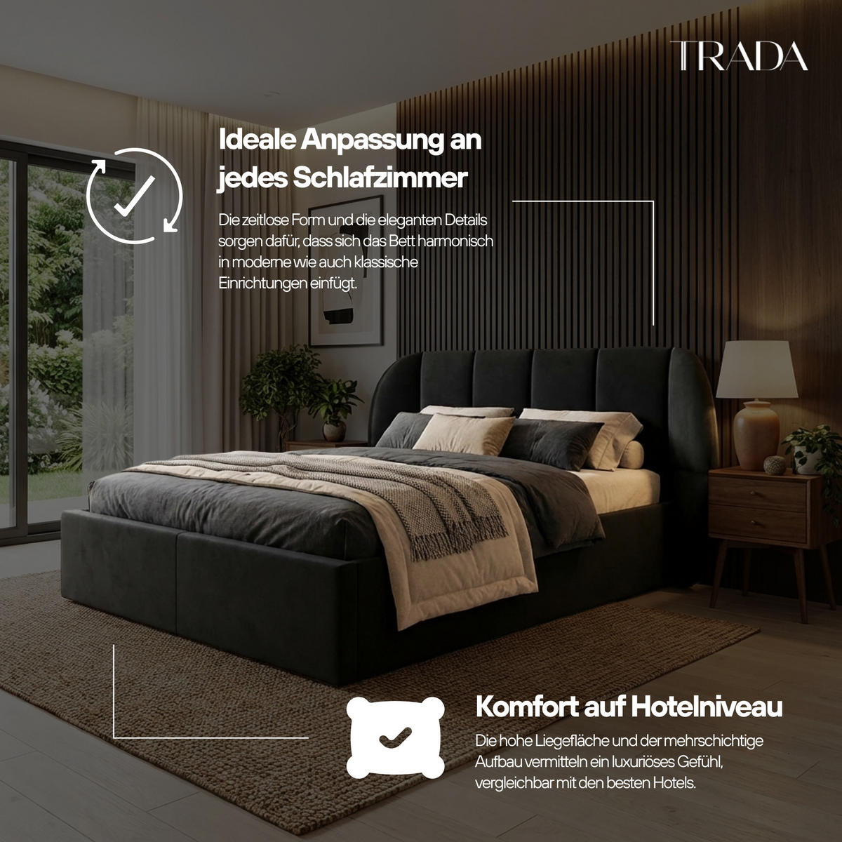 BOXBETT 160x200 cm, BILBAO, Elegant dekoratives Kopfteil, Mit Bettkasten und Taschenmatratze, Schwarz - Schwarz, Holzwerkstoff/Kunststoff (160/200cm) - Trada