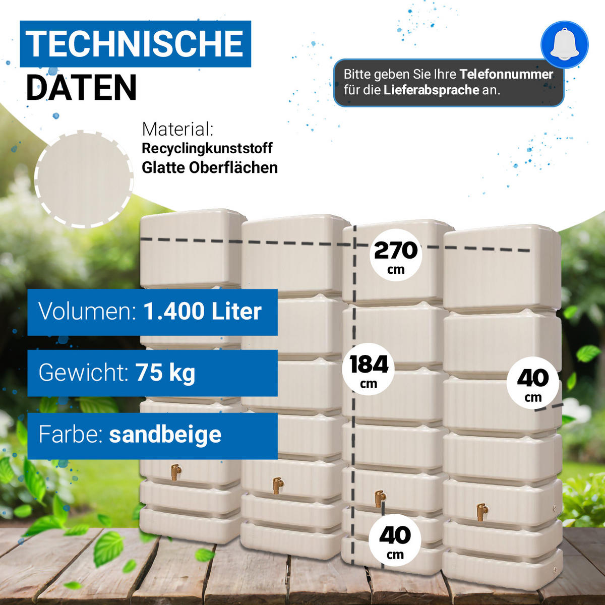 WANDTANK Komplett-Set 1400 L sandbeige 4 x 350 L inkl. Verbindungsset, Kunststoff-Auslaufhahn und Fallrohranschluss - Sandfarben, Kunststoff (270/184/39cm) - 4rain