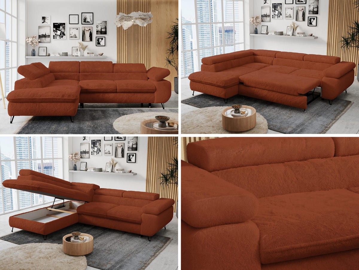 ECKSOFA PETER L Orange Plüsch - Links Seite - Schwarz/Orange, Textil/Metall (208/273cm) - MKS