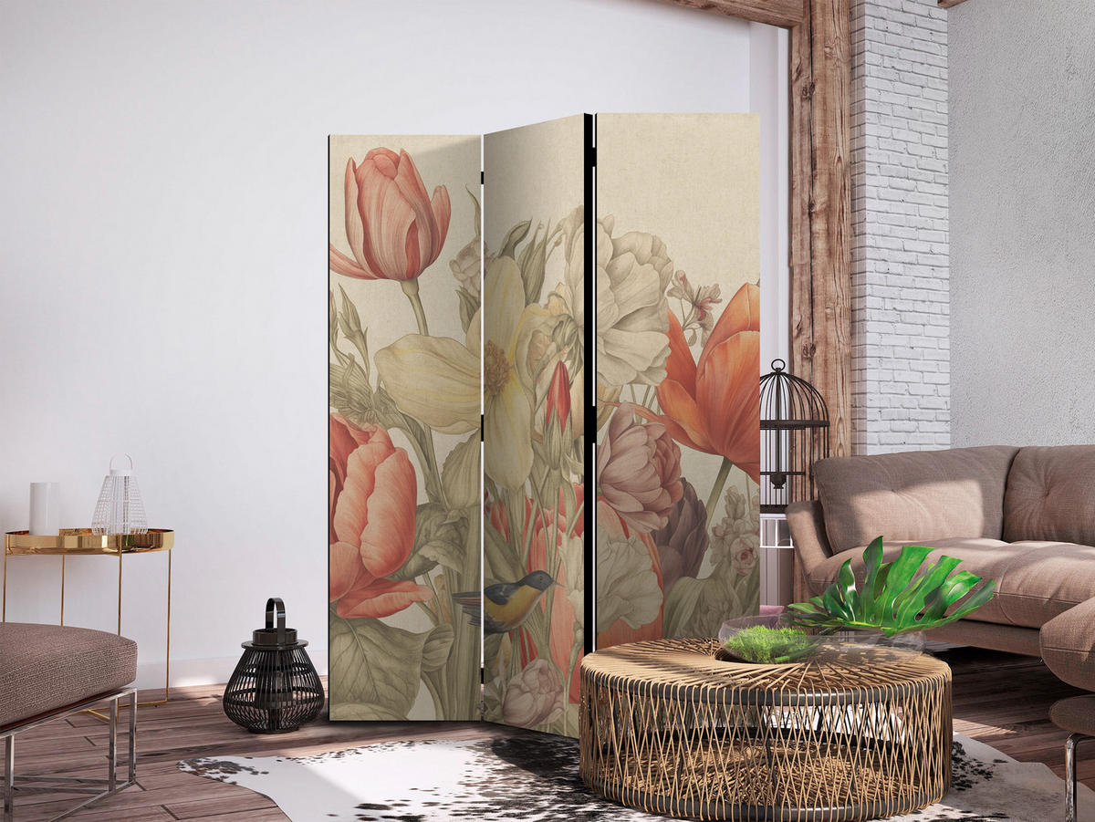 PARAVENT Einseitig Bedruckter 3-tlg 135x172 cm Retro Tulpen - Multicolor, Holz/Textil (135/172/3cm) - Muralo