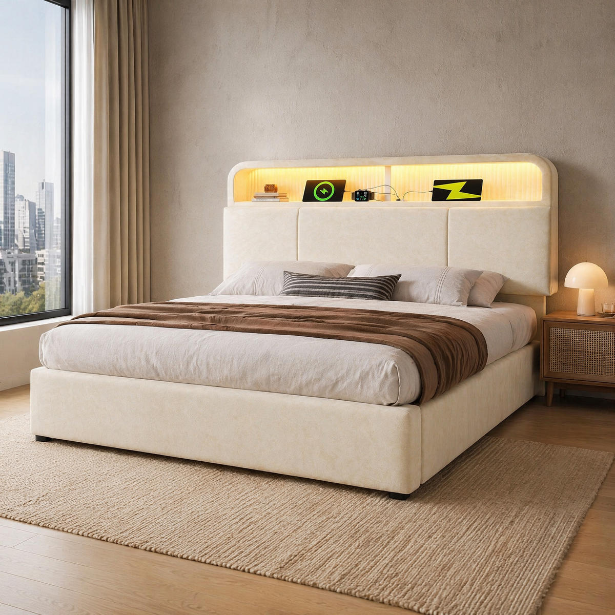 POLSTERBETT 160/200 cm in Beige mit Bettkasten, LED, USB und Type-C Samt - Beige, Holzwerkstoff/Textil (160/200cm) - STILVORA