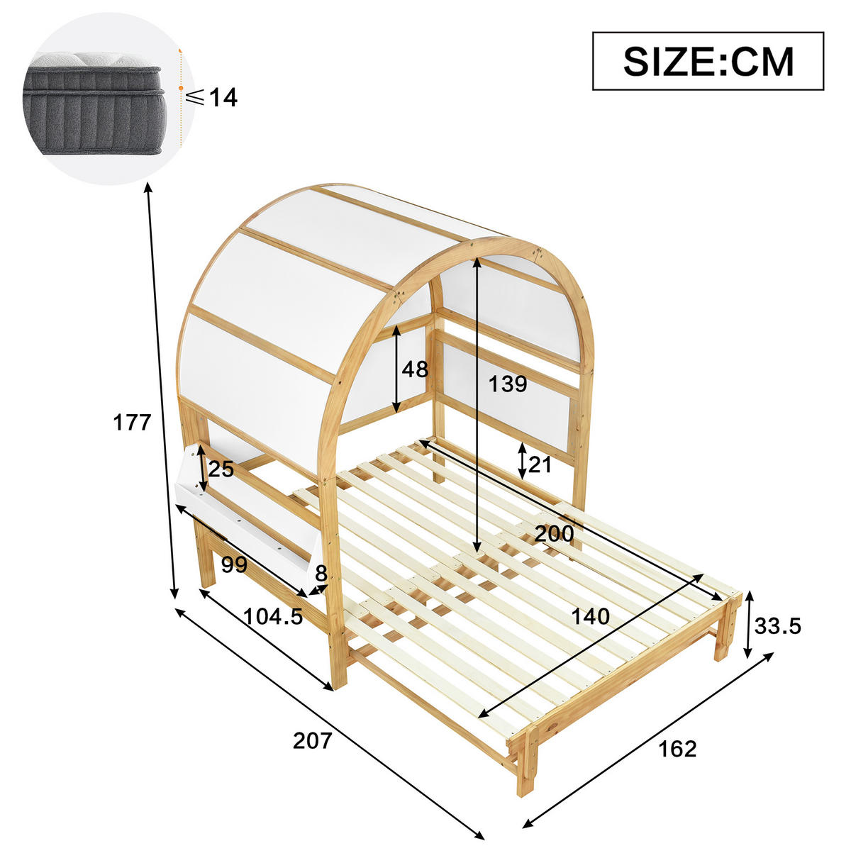 HAUSBETT 140/200 cm in Weiß/Natur mit Ausziehfunktion und seitlicher Ablage - Weiß, Holzwerkstoff (140/200cm) - Flora Grace