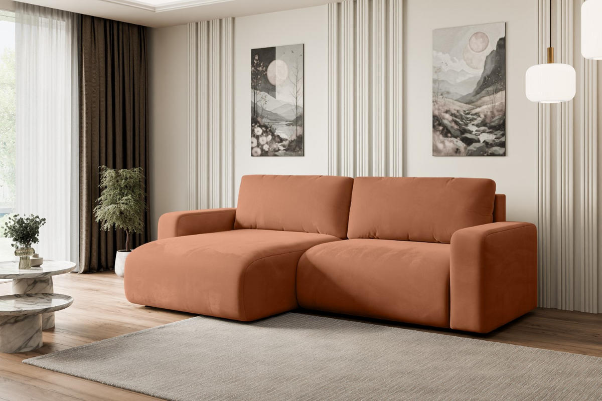ECKSOFA mit Schlaffunktion und Bettkasten KLEEA-L - 247x143x83 cm Koralle Velours - Koralle/Schwarz, Holzwerkstoff/Kunststoff (247/143cm) - ALTDECOR