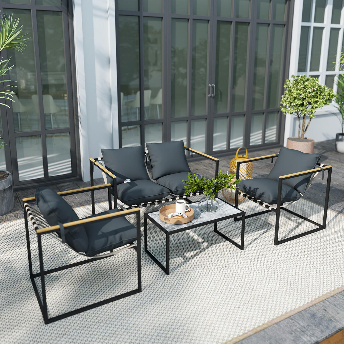 4-TEILIGES GARTENMÖBELSET DE-06537 2 Sessel, 2er Sofa, 1 Tisch, gepolstert Grau - Grau, Textil/Metall - ComfortXL