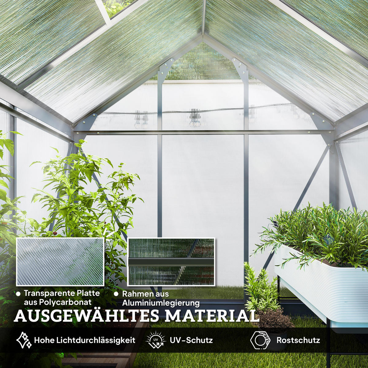 GEWÄCHSHAUS mit Dachfenster mit Tür mit Fundament, Alu+Polycarbonat, Grau+Transparent - Transparent/Grau, Kunststoff/Metall (132/201/190cm) - Outsunny