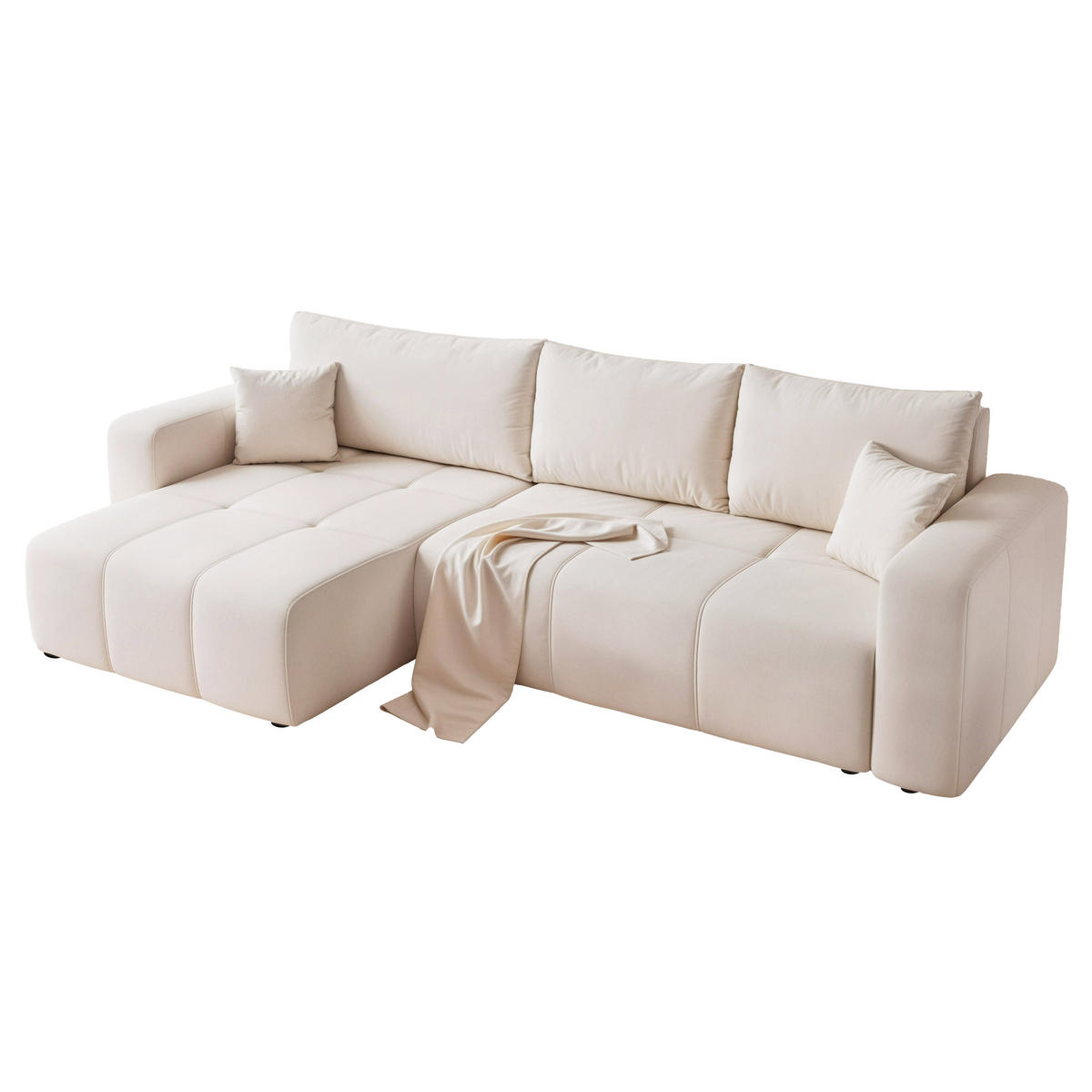 ECKSOFA XL Velours mit Bettkasten und Schlaffunktion - Creme, Holzwerkstoff/Textil (278/145cm) - Idohome