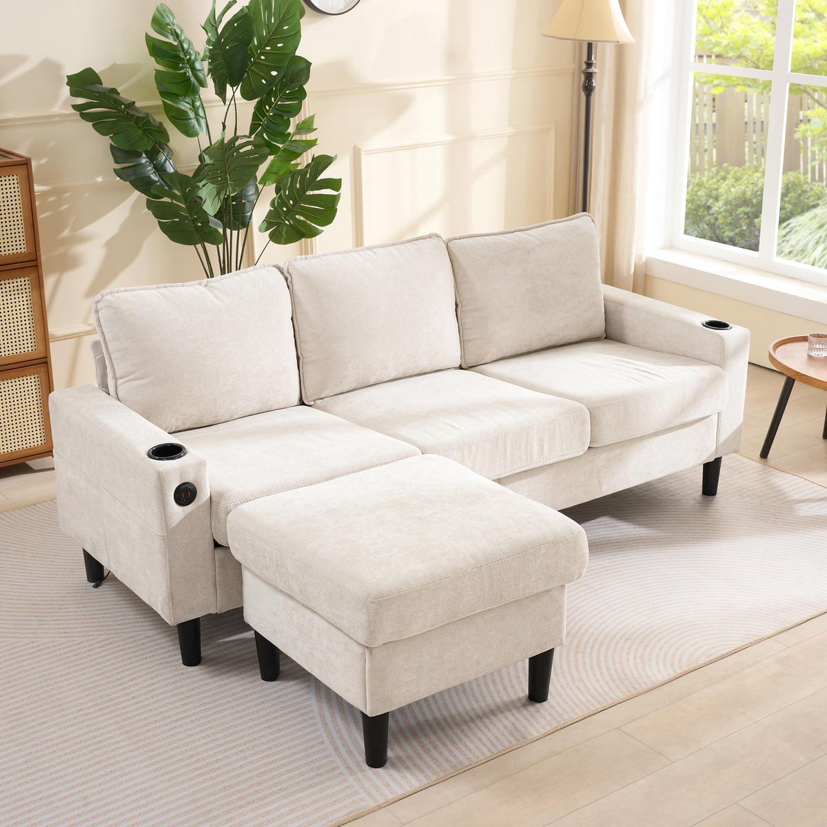 ECKSOFA 202/137/80 cm Beige mit USB-, Typ-C-Anschlüssen, 2 Getränkehaltern und 1 Fußhocker - Beige, Textil (202/137cm) - Oxeza