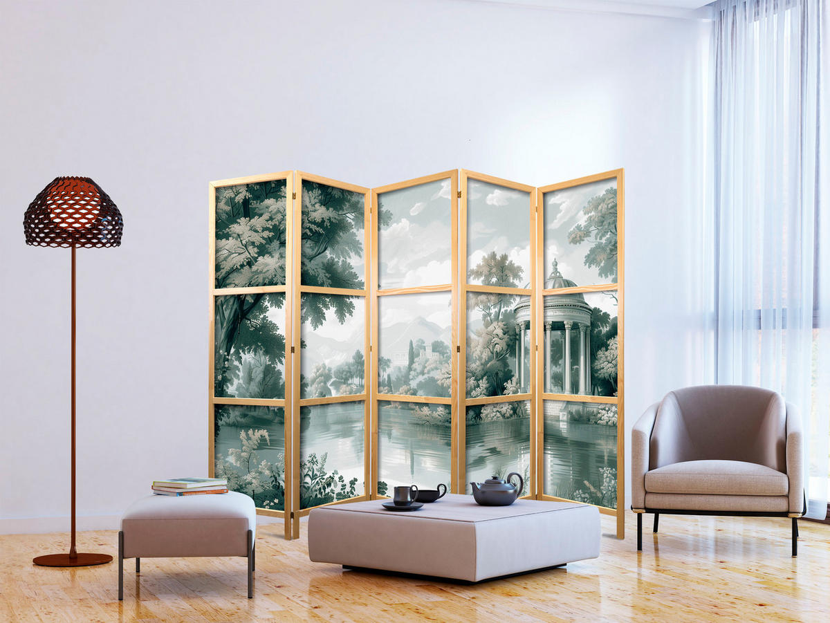 PARAVENT Japanischer 5-tlg 225x172 cm Gr ne Landschaft - Grau, Holz/Textil (225/172/3cm) - Muralo