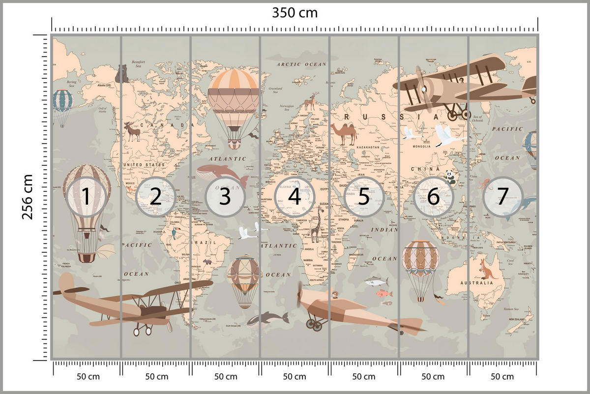 FOTOTAPETE für Kinderzimmer Retro Weltkarte Balony Flugzeuge 350x256 - Beige/Orange, Papier (350/256cm) - Muralo