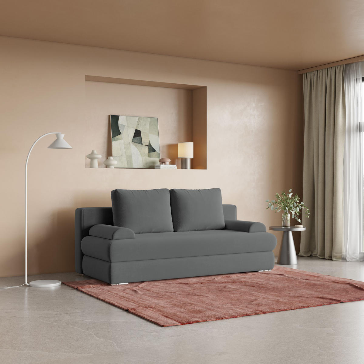 POHOVKA ASPERO, Plyšová látka PAROS, Šedá - šedá/stříbrná, kompozitní dřevo/textil (200/75/95cm) - MASSENO