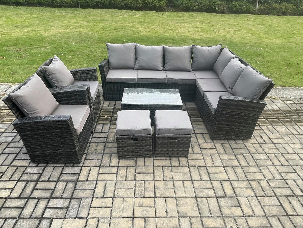 LOUNGEMÖBEL-SETS mit Couchtisch Sofa Polyrattan Dunkelgrau 10-Sitzer - Dunkelgrau/Grau, Glas/Kunststoff - Fimous