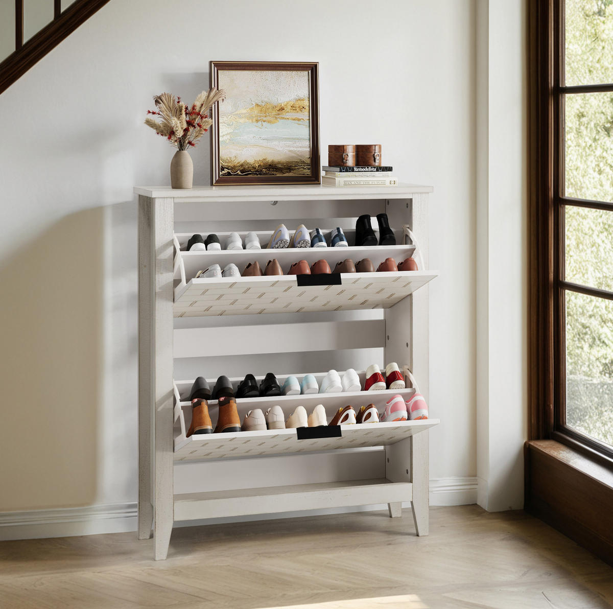 SCHUHSCHRANK 80 cm mit 2 Klappen, verstellbaren Fächern und Kippschutz aus MDF, Retro-Weiß - Weiß, Holzwerkstoff (80/97.5/24cm) - Redom