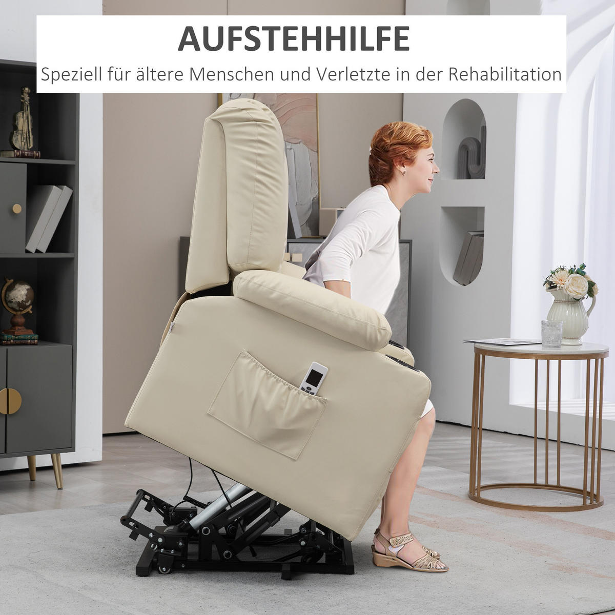 FERNSEHSESSEL mit Aufstehhilfe, Cremeweiß - Creme/Schwarz, Kunststoff (98/102/90cm) - HOMCOM