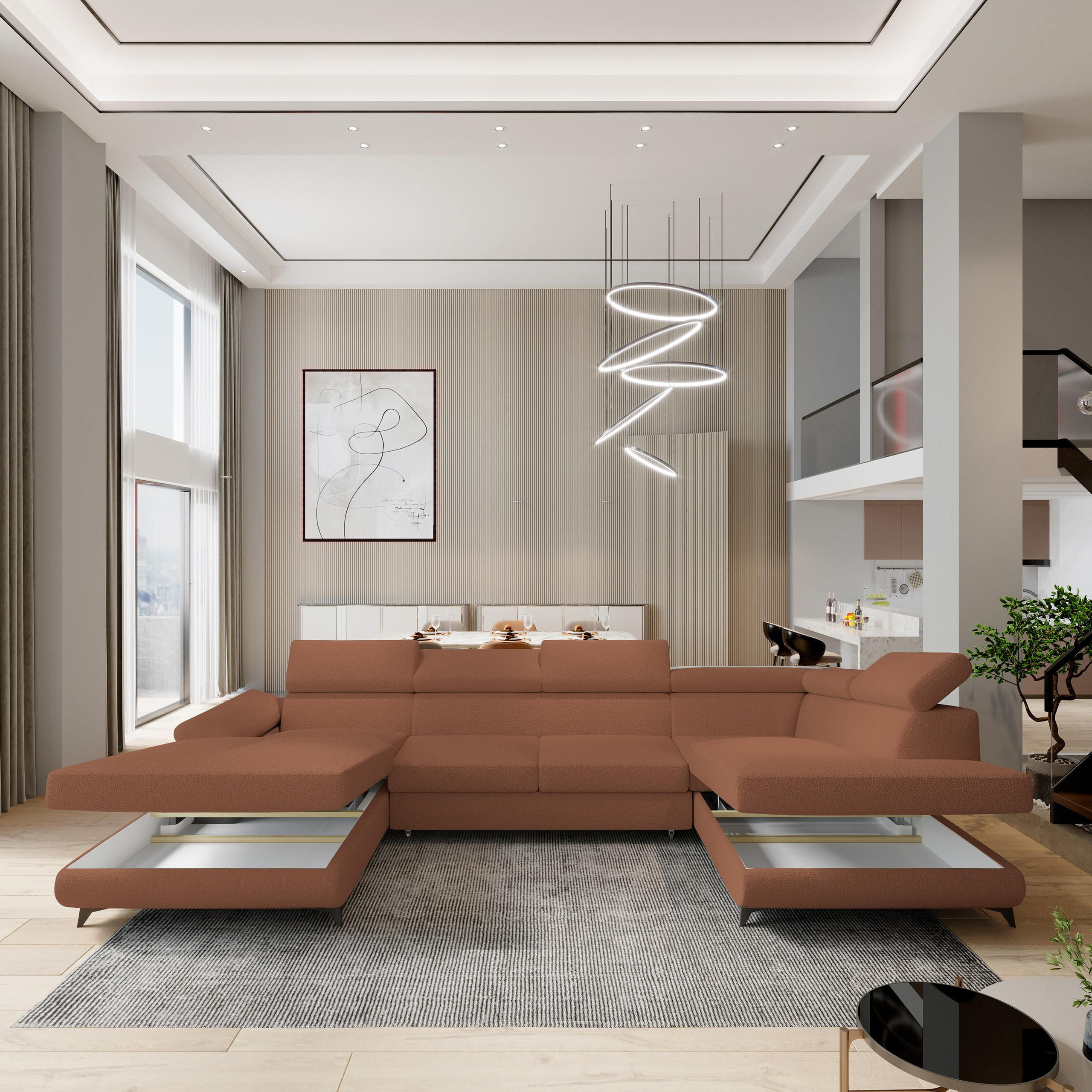 Thumbnail - Masseno Wohnlandschaft, Kupfer, Holz, 5-Sitzer, U-Form, 339x89x190 cm, Wohnzimmer, Sofas & Couches, Wohnlandschaften, Wo...