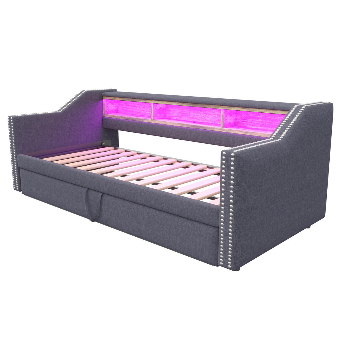POLSTERBETT 90/190 cm ausziehbar mit LED, USB, Matratze, Ablagefächern und 2 Federkernmatratzen, Dunkelgrau - Dunkelgrau, Holzwerkstoff (90/190cm) - Redom